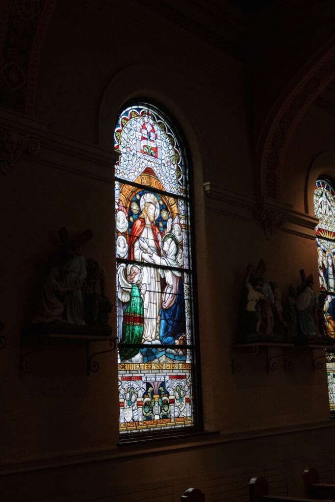 A stained glass window in a church.